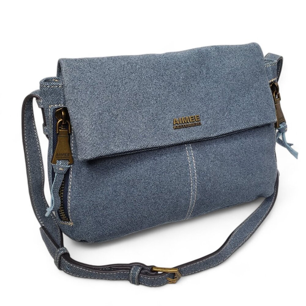 Aimee Kestenberg Bali Denim Patterned Leather Fold Top Crossbody Hobo Handbag